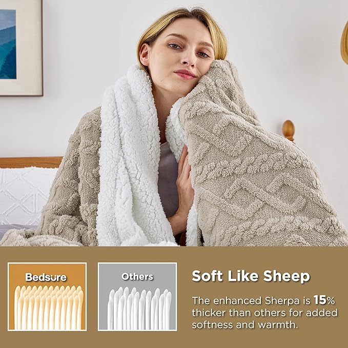 Bedsure Sherpa Fleece Throw Blanket for Couch - Soft Fluffy & Cozy Cable Jacquard Tufted Throw Blankets for Women Gift, Thick Warm Blanket for Winter and All Seasons, Beige, 50x60 Inches
