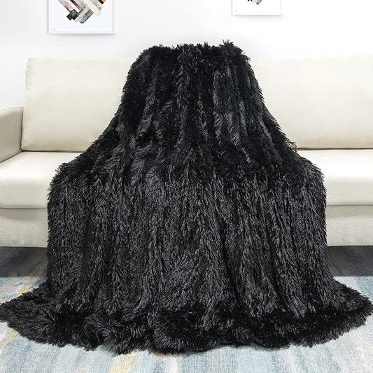 Tuddrom Decorative Extra Soft Faux Fur Blanket Queen Size 80" x 90",Solid Reversible Fuzzy Fluffy Cozy Plush Fleece Comfy Microfiber Fur Blanket for Couch Sofa Bed,Black