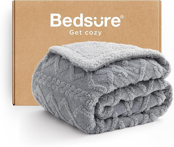 Bedsure Sherpa Fleece Throw Blanket for Couch - GentleSoft Fluffy & Cozy Cable Jacquard Tufted Throw for Women Gift, Thick and Warm Blankets for Winter, Grey, 50x60 Inches