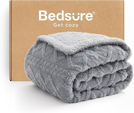 Bedsure Sherpa Fleece Throw Blanket for Couch - GentleSoft Fluffy & Cozy Cable Jacquard Tufted Throw for Women Gift, Thick and Warm Blankets for Winter, Grey, 50x60 Inches