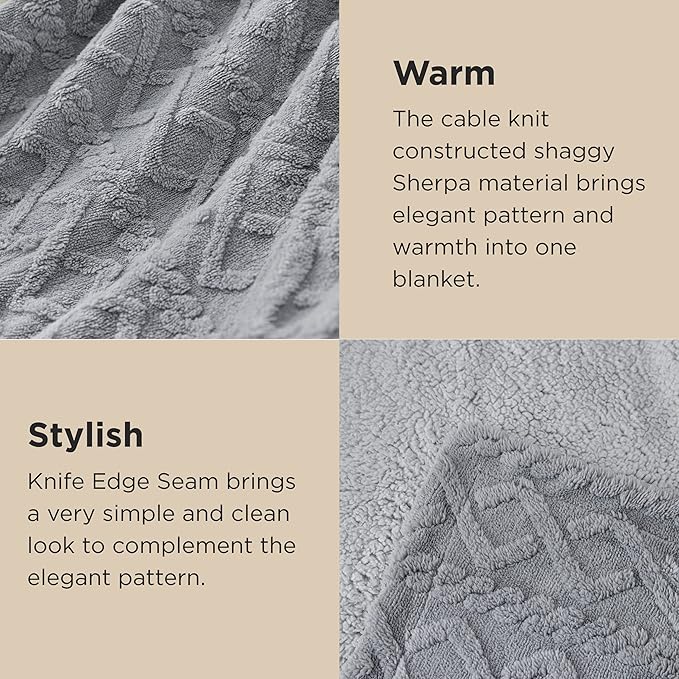 Bedsure Sherpa Queen Size Blanket for Bed - Fleece Soft Fluffy & Cozy Cable Jacquard Tufted Throw Blankets for Women Gift, Thick Warm for Winter and All Seasons, Grey, 90x90 Inches