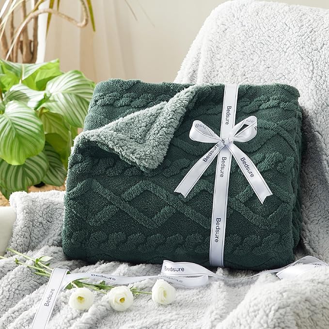 Bedsure Sherpa Fleece Throw Blanket for Couch - GentleSoft Fluffy & Cozy Cable Jacquard Tufted Throw for Women Gift, Thick and Warm Blankets for Winter, Dark Green, 50x60 Inches
