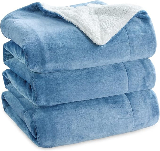Bedsure GentleSoft Sherpa Fleece Blankets Queen Size for Bed - Thick and Warm, Soft Fuzzy Plush Queen Blanket for Winter, Washed Blue, 90x90 Inches
