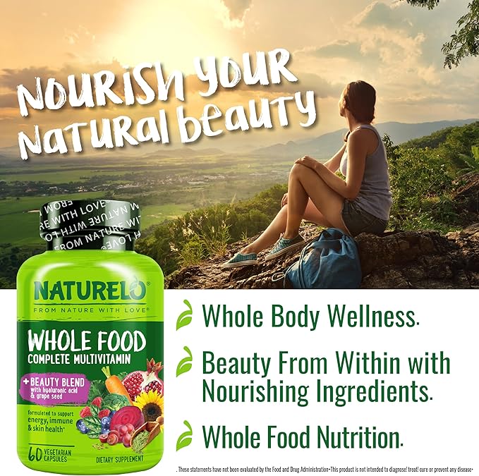 NATURELO Whole Food Multivitamin with Extra Hair, Skin & Nails Support - Beauty Blend with Hyaluronic Acid & Grape Seed - High Potency Biotin, Vitamin C, & Glutathione, 60 Vegan Capsules (Pack of 2)