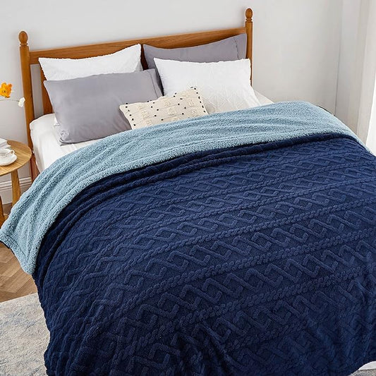 Bedsure Sherpa Queen Size Blanket for Bed - GentleSoft Fleece Fluffy & Cozy Cable Jacquard Tufted for Women Gift, Thick and Warm Blankets for Winter, Navy, 90x90 Inches