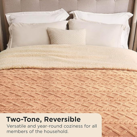 Bedsure Sherpa King Size Blanket for Bed- GentleSoft Fleece Fluffy & Cozy Cable Jacquard Tufted for Women Gift, Thick and Warm Blankets for Winter, Light Brown, 108x90 Inches