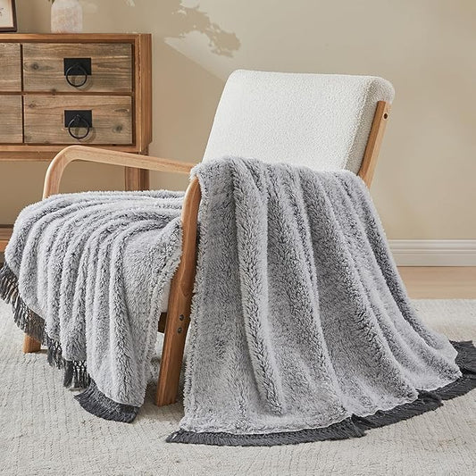 EMME Fuzzy Blanket Soft Fleece Throw Blankets for Women, Fluffy Sherpa Throws(Tassel Grey,108"x90")