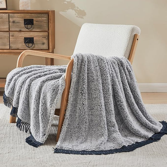 EMME Fuzzy Blanket Soft Fleece Throw Blankets for Women, Fluffy Sherpa Throws(Tassel Navy,60"x80")