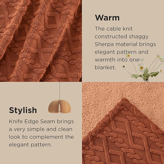 Bedsure Sherpa Fleece Throw Blanket for Couch - GentleSoft Fluffy & Cozy Cable Jacquard Tufted Throw for Women Gift, Thick and Warm Blankets for Winter, Orange, 50x60 Inches