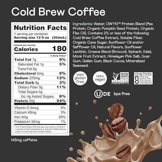 OWYN Only What You Need Vegan Plant-Based Protein Shake, Cold Brew Coffee, 12 Pack, with 20g Plant Protein, Omega-3, Prebiotic supplements, Superfoods Greens Blend, Gluten-Free, Soy-Free, Non-GMO