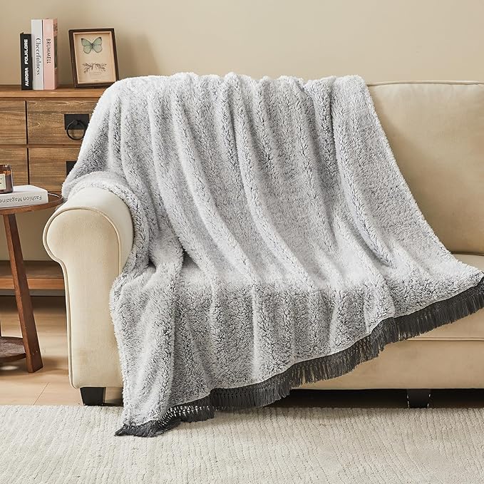 EMME Fuzzy Blanket Soft Fleece Throw Blankets for Women, Fluffy Sherpa Throws(Tassel Grey,90"x90")