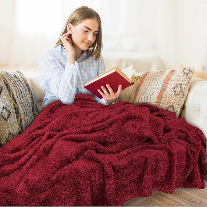 PAVILIA Sherpa Throw Blanket for Couch Sofa, Wine Red Fluffy Warm Plush Blanket for Twin Bed, Cozy Super Soft Lightweight Throw, Fuzzy Decorative Blanket, All Season Home, 60x80
