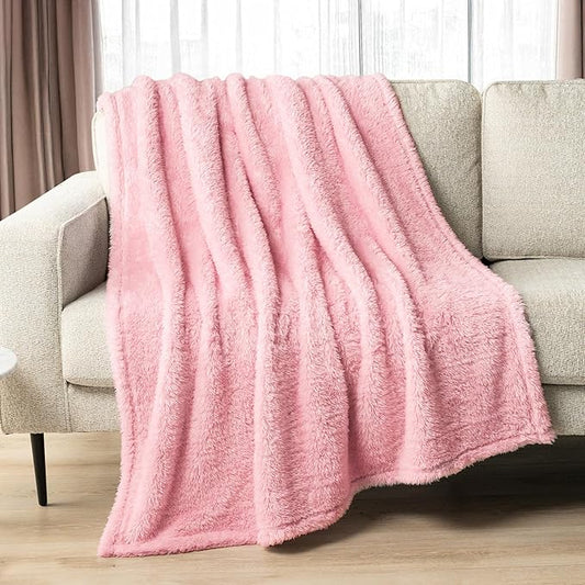 PAVILIA Sherpa Throw Blanket for Couch Sofa, Light Pink Fluffy Warm Plush Blanket for Bed, Cozy Super Soft Lightweight Throw, Fuzzy Decorative Blanket, All Season Home, 50x60