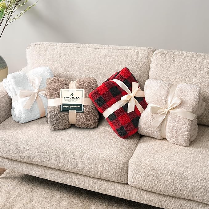 PAVILIA Sherpa Throw Blanket for Couch Sofa, White Fluffy Warm Plush Blanket for Bed, Cozy Super Soft Lightweight Throw, Fuzzy Decorative Blanket, All Season Home, 50x60