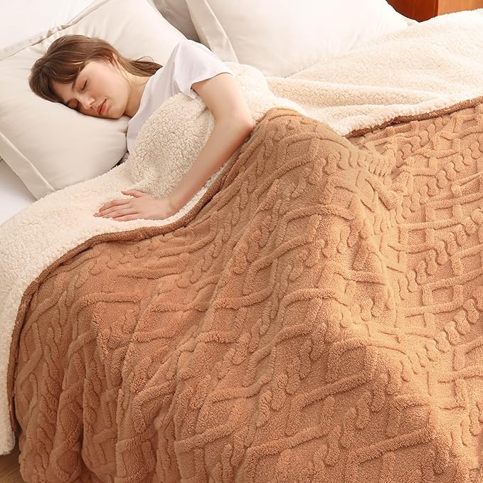 Bedsure Sherpa King Size Blanket for Bed- GentleSoft Fleece Fluffy & Cozy Cable Jacquard Tufted for Women Gift, Thick and Warm Blankets for Winter, Light Brown, 108x90 Inches
