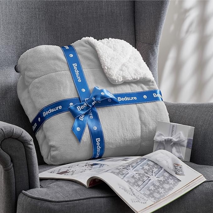 Bedsure GentleSoft Sherpa Fleece Blankets King Size for Bed - Thick and Warm, Soft Fuzzy Plush King Blanket for Winter, Light Grey, 108x90 Inches