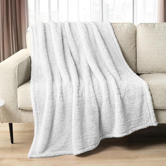 PAVILIA Sherpa Throw Blanket for Couch Sofa, White Fluffy Warm Plush Blanket for Twin Bed, Cozy Super Soft Lightweight Throw, Fuzzy Decorative Blanket, All Season Home, 60x80