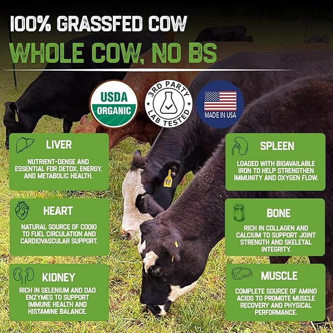 Grassfat USDA Certified Organic 100% Grassfed Cows Beef Organs Supplement + Cow Bone & Muscle and Tallow - Whole Cow, No BS with Nothing Added - Made in The USA - Premium Blend - 30 Servings
