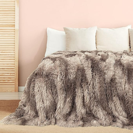Tuddrom Decorative Extra Soft Faux Fur Blanket Queen Size 80" x 90",Solid Reversible Fuzzy Fluffy Plush Fleece Comfy Microfiber Fur Blanket for Couch Sofa Bed,Tie DyeBrown