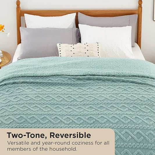 Bedsure Sherpa Queen Size Blanket for Bed - GentleSoft Fleece Fluffy & Cozy Cable Jacquard Tufted for Women Gift, Thick and Warm Blankets for Winter, Sage Green, 90x90 Inches