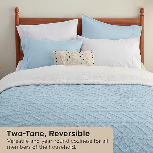 Bedsure Sherpa Queen Size Blanket for Bed - GentleSoft Fleece Fluffy & Cozy Cable Jacquard Tufted for Women Gift, Thick and Warm Blankets for Winter, Blue, 90x90 Inches