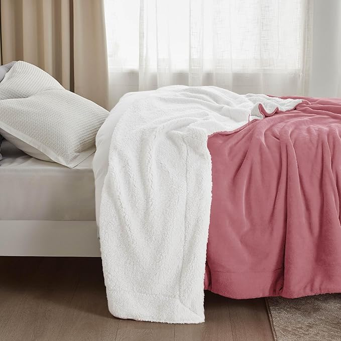 Bedsure GentleSoft Sherpa Fleece Blankets Queen Size for Bed - Thick and Warm, Soft Fuzzy Plush Queen Blanket for Winter, Dusty Rose, 90x90 Inches
