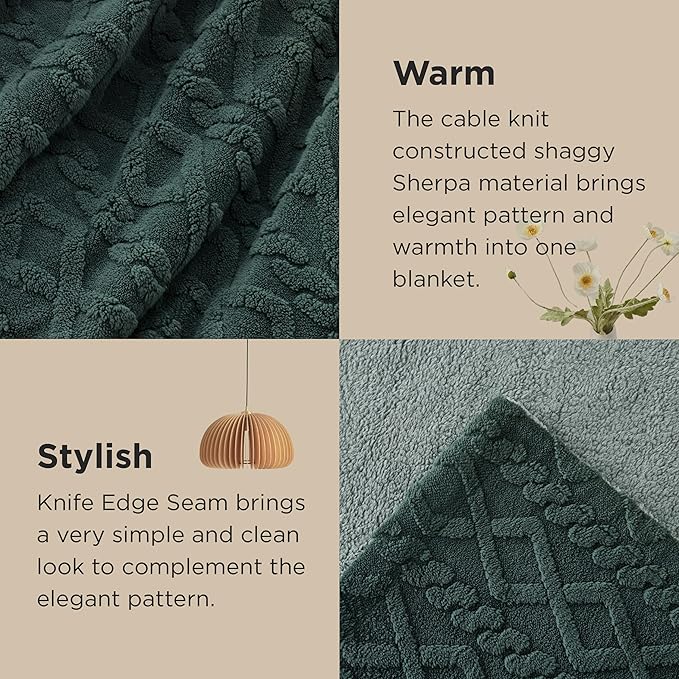 Bedsure Sherpa Fleece Throw Blanket for Couch - GentleSoft Fluffy & Cozy Cable Jacquard Tufted Throw for Women Gift, Thick and Warm Blankets for Winter, Dark Green, 50x60 Inches