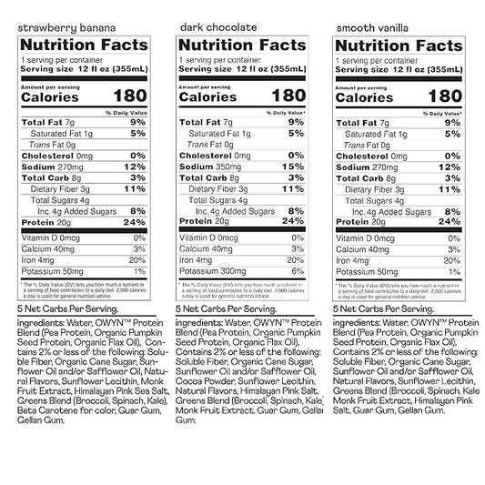 OWYN Only What You Need Protein Shake, 20g Vegan Protein, Ready to Drink, Dairy Free, Great Taste, 4g Sugar, 5g Net Carbs, Strawberry Banana Variety Pack, 12 Fl Oz (12 Pack)
