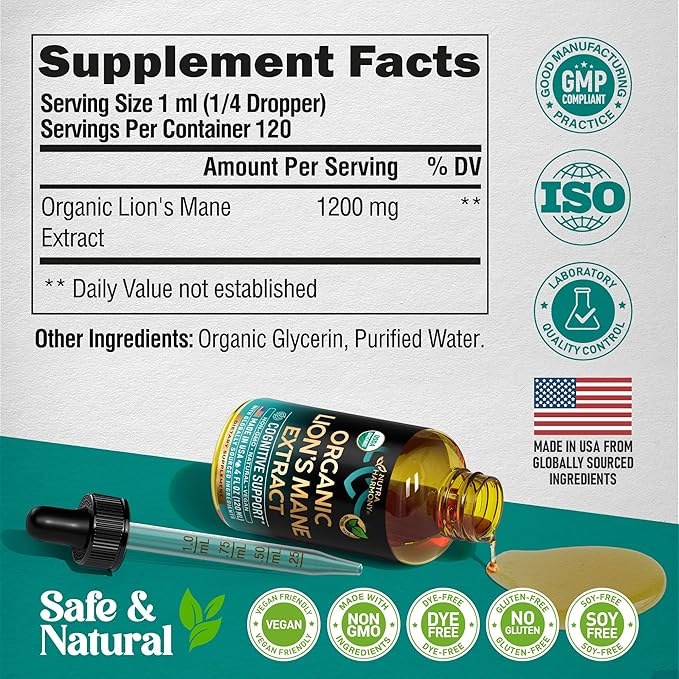 Lions Mane Liquid - USDA Certified Organic Lions Mane Supplement - Brain Support, Energy, Memory & Focus - Sugar & Alcohol-Free Lion's Mane Mushroom Extract 72,000 mg / Bottle - 4fl oz, 4 Month Supply