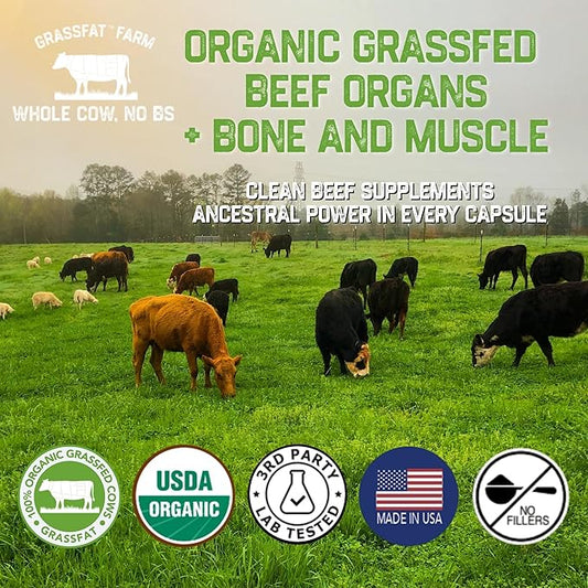 Grassfat USDA Certified Organic 100% Grassfed Cows Beef Organs Supplement + Cow Bone & Muscle and Tallow - Whole Cow, No BS with Nothing Added - Made in The USA - Premium Blend - 30 Servings