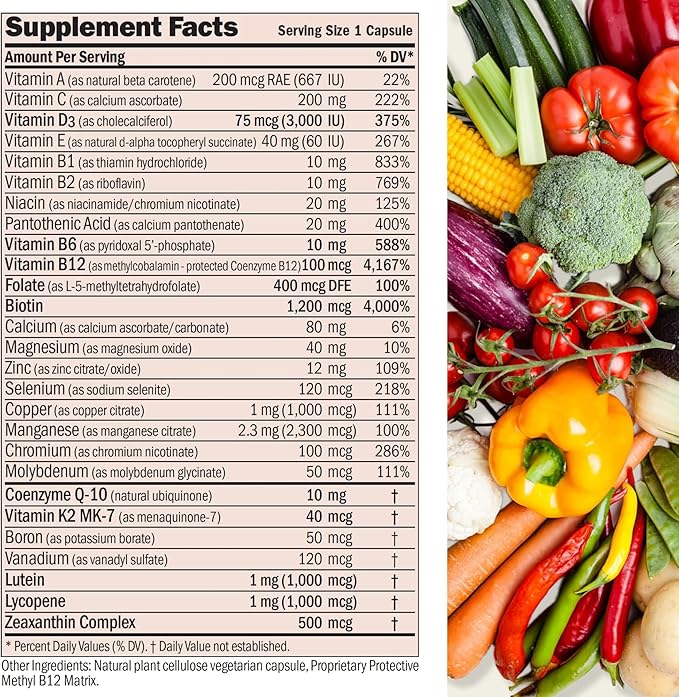 ANDREW LESSMAN Essential-1 nuonce max Multivitamin 3000 IU Vitamin D3 30 Small Capsules. 100 mcg Methyl B12. CoQ10 Lutein Lycopene Zeaxanthin. High Potency. No Additives. Ultra-Mild One Daily Capsule