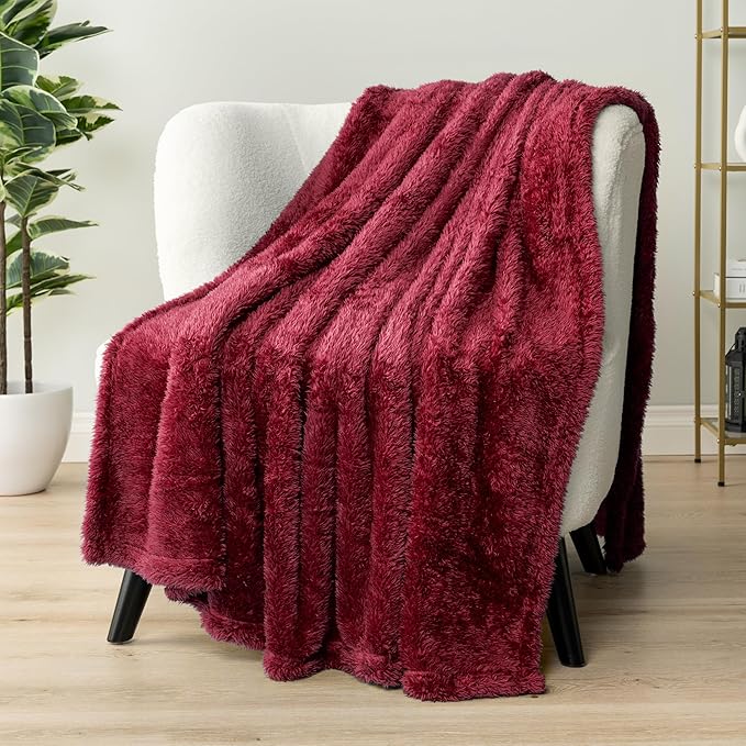 PAVILIA Sherpa Throw Blanket for Couch Sofa, Wine Red Fluffy Warm Plush Blanket for Twin Bed, Cozy Super Soft Lightweight Throw, Fuzzy Decorative Blanket, All Season Home, 60x80