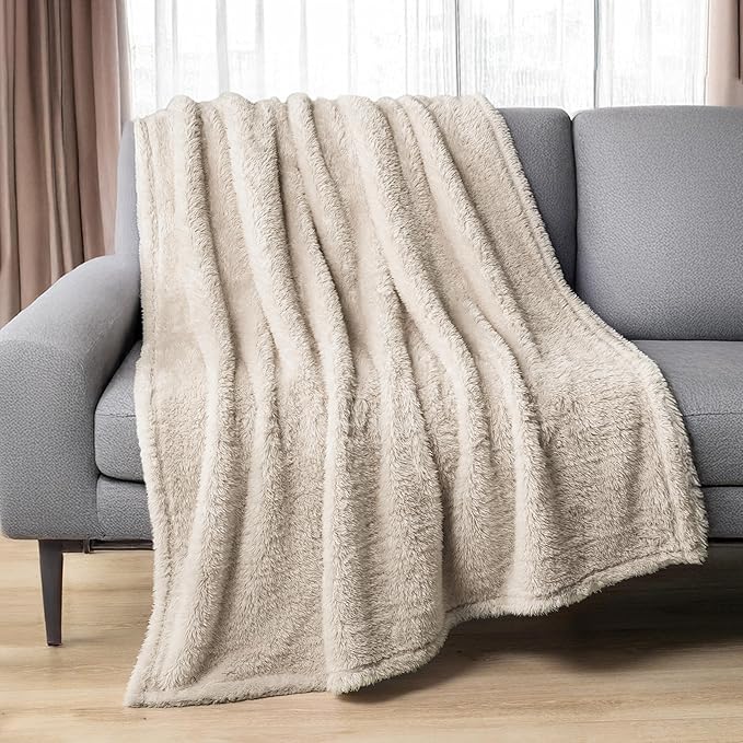 PAVILIA Sherpa Throw Blanket for Couch Sofa, Cream Beige Fluffy Warm Plush Blanket for Twin Bed, Cozy Super Soft Lightweight Throw, Fuzzy Decorative Blanket, All Season Home, 60x80
