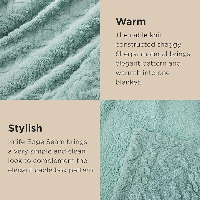 Bedsure Sherpa Queen Size Blanket for Bed - GentleSoft Fleece Fluffy & Cozy Cable Jacquard Tufted for Women Gift, Thick and Warm Blankets for Winter, Sage Green, 90x90 Inches