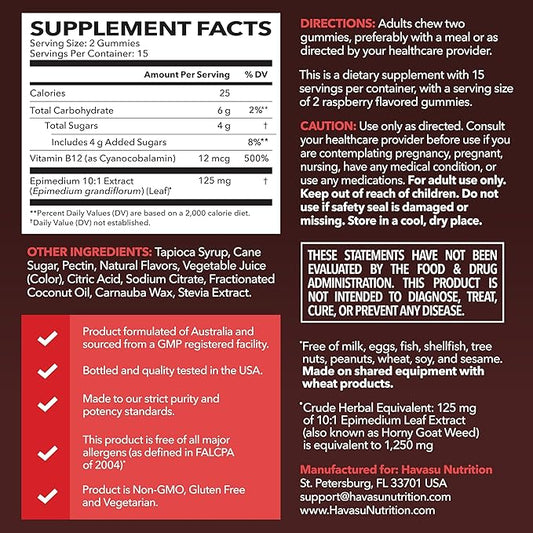 Horny Goat Weed Gummies with Vitamin B12 - Energy, Endurance & Performance Support for Male Health - 30 Count - Vegetarian-Friendly, Non-GMO, Pectin-Based - Raspberry Flavor, 15 Servings