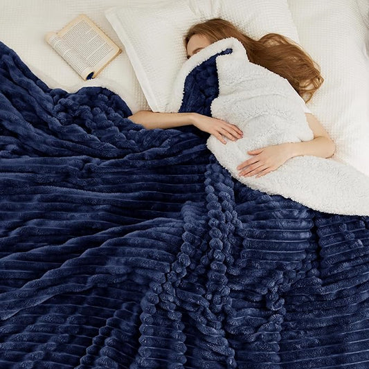 Bedsure Sherpa Blanket Queen Size for Bed - Super Soft, Cozy Fleece Thick Warm Blanket for Winter, GentleSoft Home Room Decor, Navy Blue, 90x90 Inches