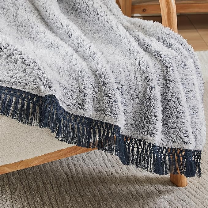 EMME Fuzzy Blanket Soft Fleece Throw Blankets for Women, Fluffy Sherpa Throws(Tassel Navy,60"x80")
