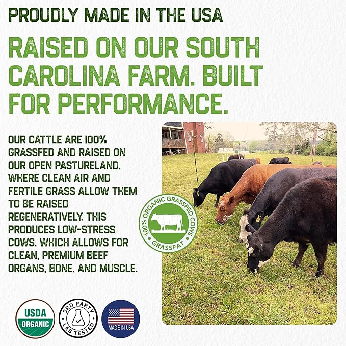Grassfat USDA Certified Organic 100% Grassfed Cows Beef Organs Supplement + Cow Bone & Muscle and Tallow - Whole Cow, No BS with Nothing Added - Made in The USA - Premium Blend - 30 Servings