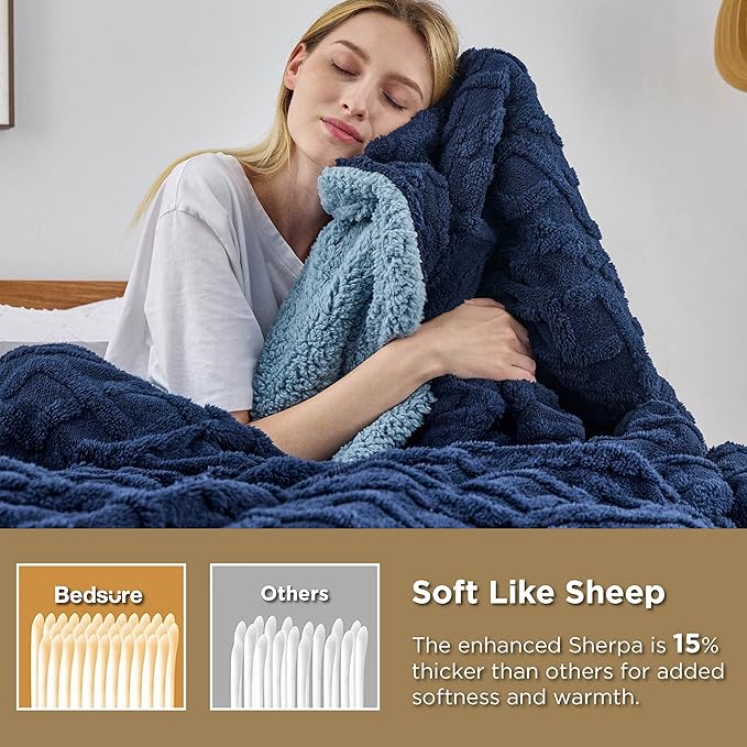 Bedsure Sherpa Queen Size Blanket for Bed - GentleSoft Fleece Fluffy & Cozy Cable Jacquard Tufted for Women Gift, Thick and Warm Blankets for Winter, Navy, 90x90 Inches