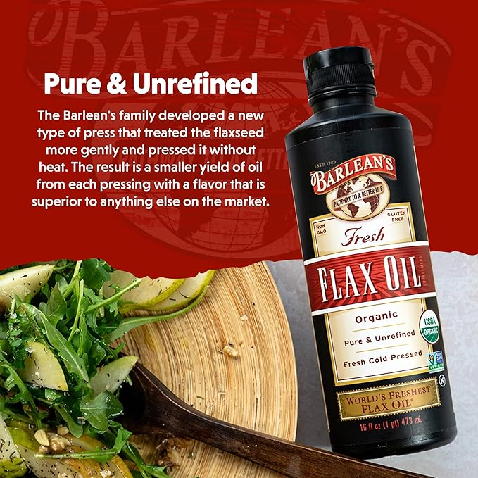 Barlean's Organic Flaxseed Oil Liquid, Cold Press Flax Seeds, 7,640mg ALA Omega 3 Fatty Acid Supplement for Joint and Heart Health & Healthy Digestion, 32 oz