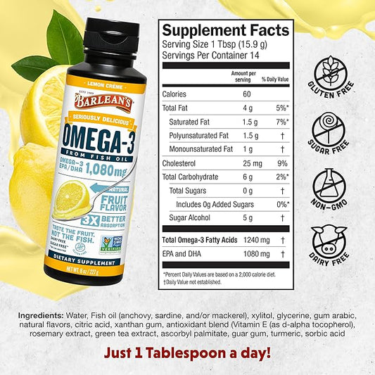 Barlean's Lemon Crème Omega 3 Fish Oil Liquid Supplement, 1080mg of Omega 3 EPA & DHA Fatty Acid, Smoothie Flavored & Burpless for Brain, Joint, & Heart Health, 8 oz