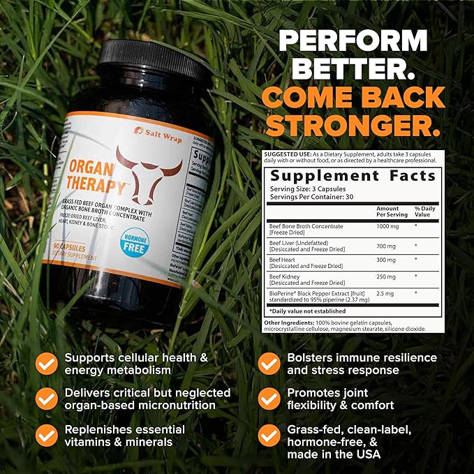 SaltWrap Organ Therapy - Grass Fed Beef Organ Meat Complex Supplement with Organic Bone Broth Concentrate (Beef Liver, Heart, Kidney and Bone Broth Capsules with BioPerine) Desiccated, 90 Capsules