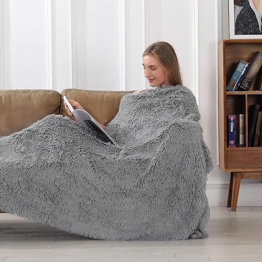 Tuddrom Decorative Extra Soft Faux Fur Blanket Queen Size 80" x 90",Solid Reversible Fuzzy Fluffy Cozy Plush Fleece Comfy Microfiber Blanket for Couch Sofa Bed,Grey