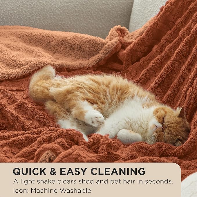 Bedsure Sherpa Fleece Throw Blanket for Couch - GentleSoft Fluffy & Cozy Cable Jacquard Tufted Throw for Women Gift, Thick and Warm Blankets for Winter, Orange, 50x60 Inches