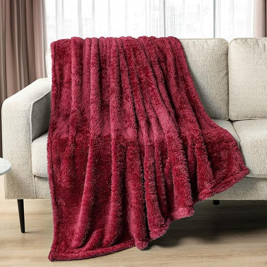 PAVILIA Sherpa Throw Blanket for Couch Sofa, Wine Red Fluffy Warm Plush Blanket for Twin Bed, Cozy Super Soft Lightweight Throw, Fuzzy Decorative Blanket, All Season Home, 60x80