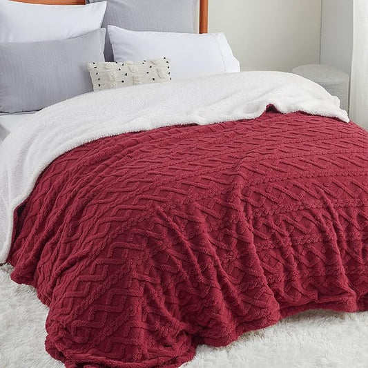 Bedsure Sherpa King Size Blanket for Bed- GentleSoft Fleece Fluffy & Cozy Cable Jacquard Tufted for Women Gift, Thick and Warm Blankets for Winter, Red, 108x90 Inches