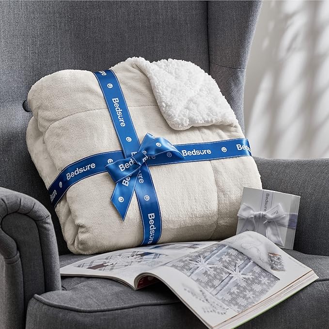 Bedsure GentleSoft Sherpa Fleece Throw Blanket for Couch - Thick and Warm, Soft Fuzzy Plush Throw Blanket for Winter, Linen, 50x60 Inches