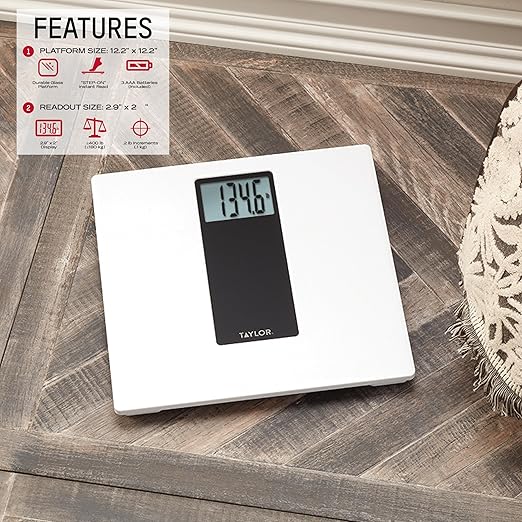 Taylor Digital Glass Bathroom Scale for Body Weight, 400 lb Capacity, Durable Tempered Glass Platform and Easy to Read, White