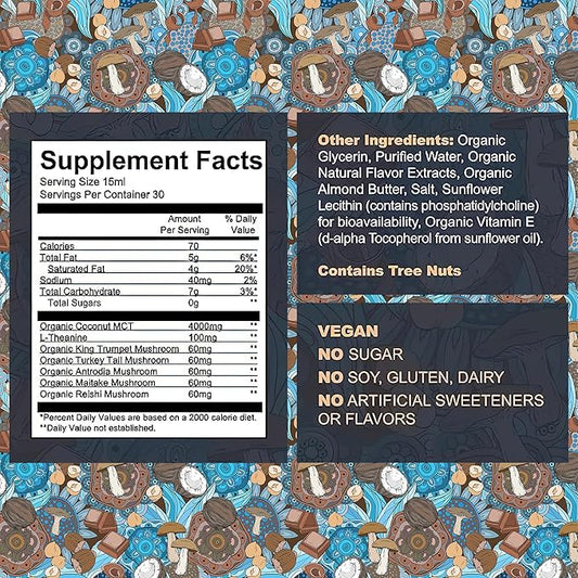 Mushroom Coffee Creamer with MCT Oil by Owl & Ox | L Theanine, Nootropic Superfood Blend, Vegan, Sugar Free, Dairy Free, Adaptogens, Plant Based & Keto Friendly, Hazelnut Chocolate Flavor, 30 Servings