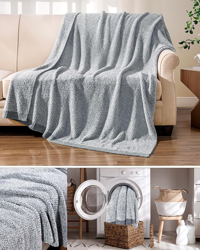 Super Soft Throw Blanket 60 x 80 Inches, Half-Side Plush Fuzzy Blanket for Couch, Sofa, Bed & Chair, Warm Cozy Lightweight Knit Blanket for Fall & Winter Blue